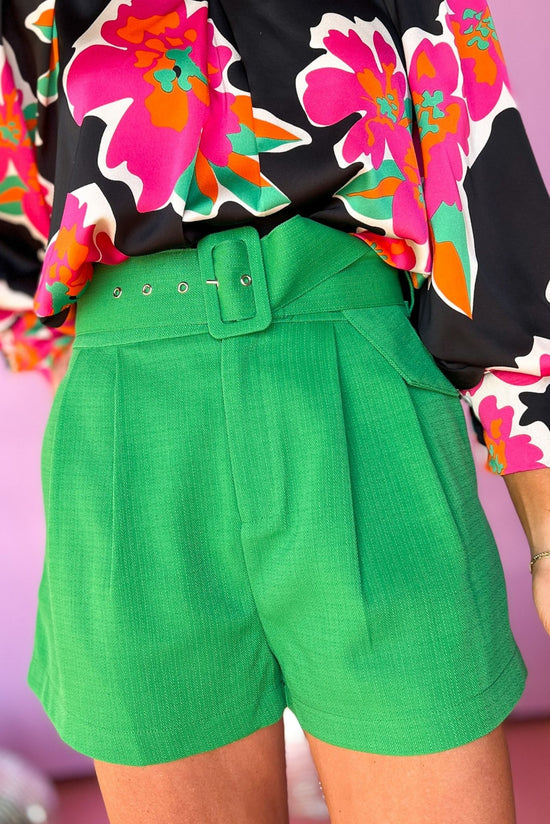 Green Textured Belted Pleated Shorts, pops and prints, spring fashion, belted shorts, mom style, must have, shop style your senses by mallory fitzsimmons