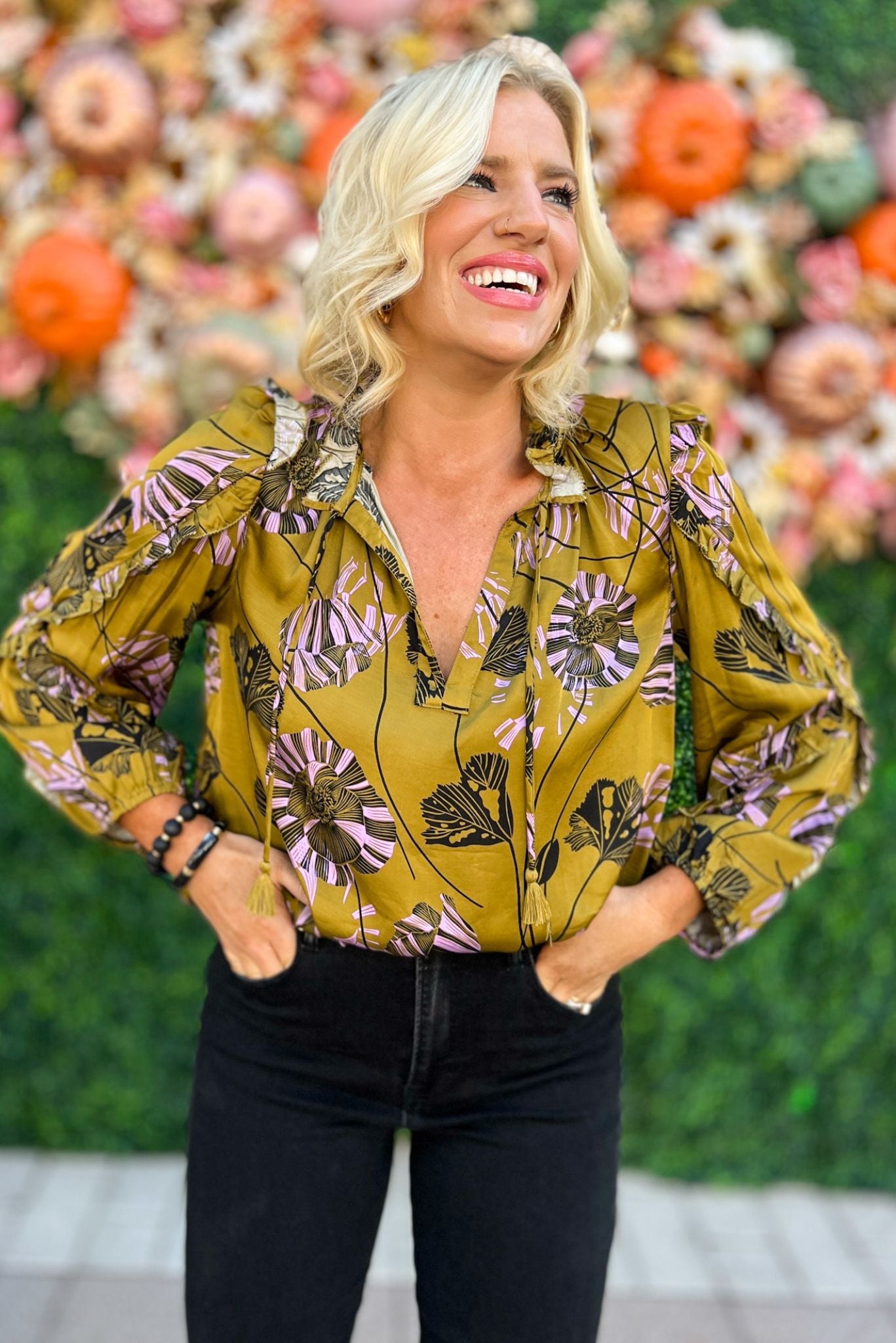 Load image into Gallery viewer, Gold Floral V Neck Ruffle Long Sleeve Top by Karlie, fall fashion, fall must have, thanksgiving look, layered look, mom style, shop style your senses by mallory fitzsimmons
