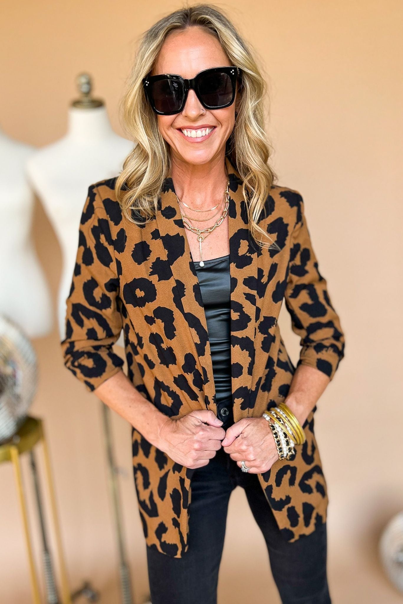 Brown Black Animal Print 3/4 Sleeve Blazer, work wear, elevated look, chic office wear, edgy, night out look, shop style your senses by mallory fitzsimmons