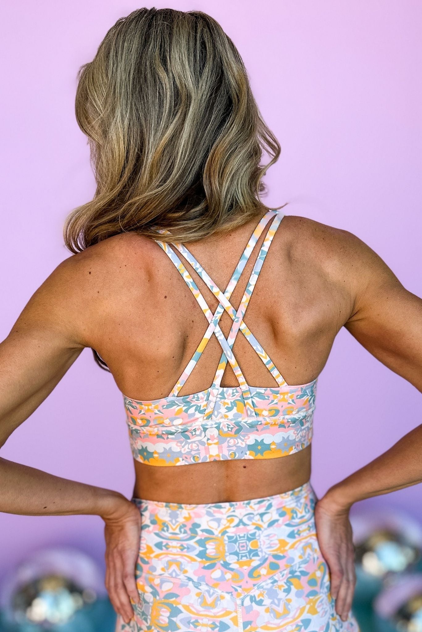 Load image into Gallery viewer, SSYS Pastel Retro Abstract Print Butter Criss Cross Back Sports Bra, matching set, compression, criss cross, gym wear, must have, shop style your senses by mallory fitzsimmons
