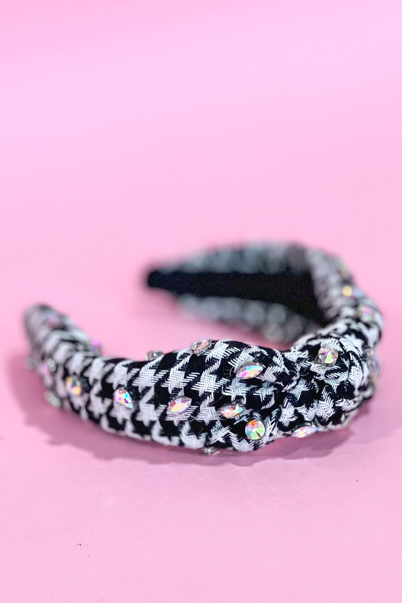 Black White Houndstooth Rhinestone Knot Headband, houndstooth headband, rhinestone detail, knot headband, chic accessory, everyday wear, shop style your senses by mallory fitzsimmons