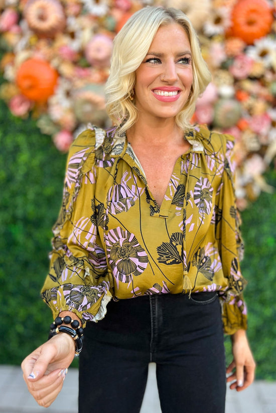 Load image into Gallery viewer, Gold Floral V Neck Ruffle Long Sleeve Top by Karlie, fall fashion, fall must have, thanksgiving look, layered look, mom style, shop style your senses by mallory fitzsimmons
