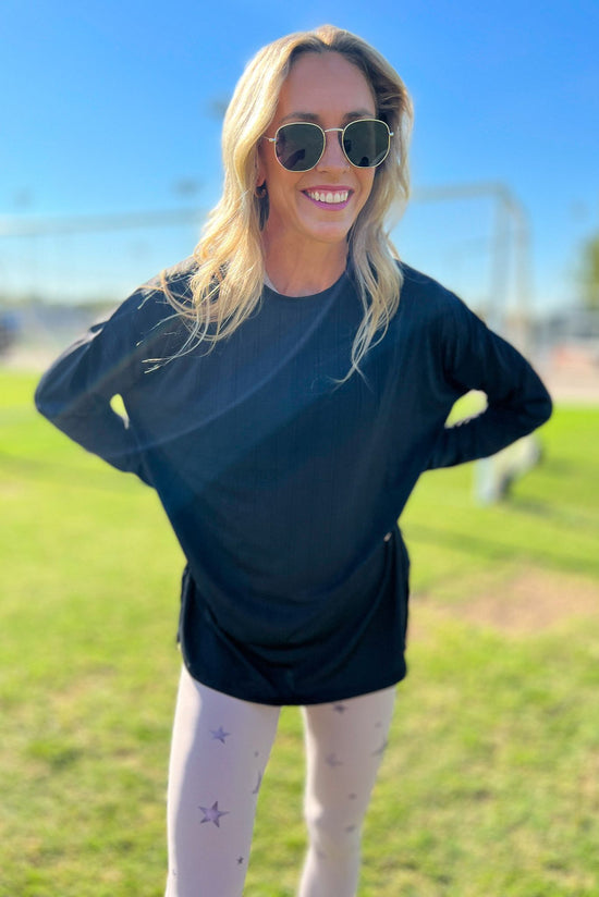 Load image into Gallery viewer, Black Textured Side Slits Long Sleeve Top, long sleeve, white long sleeve, work out outfit, lounge wear, athleisure, leggings, matching set, shop style your senses by mallory fitzsimmons
