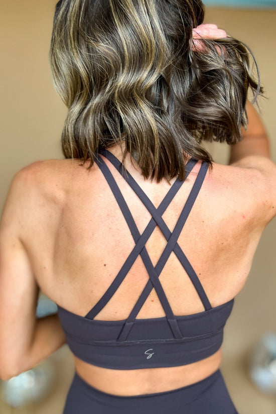 Load image into Gallery viewer, Carbon Grey Criss Cross Back Longline Sports Bra, athleisure, must have, mom style, chic, everyday wear, shop style your senses by mallory ftizsimmons
