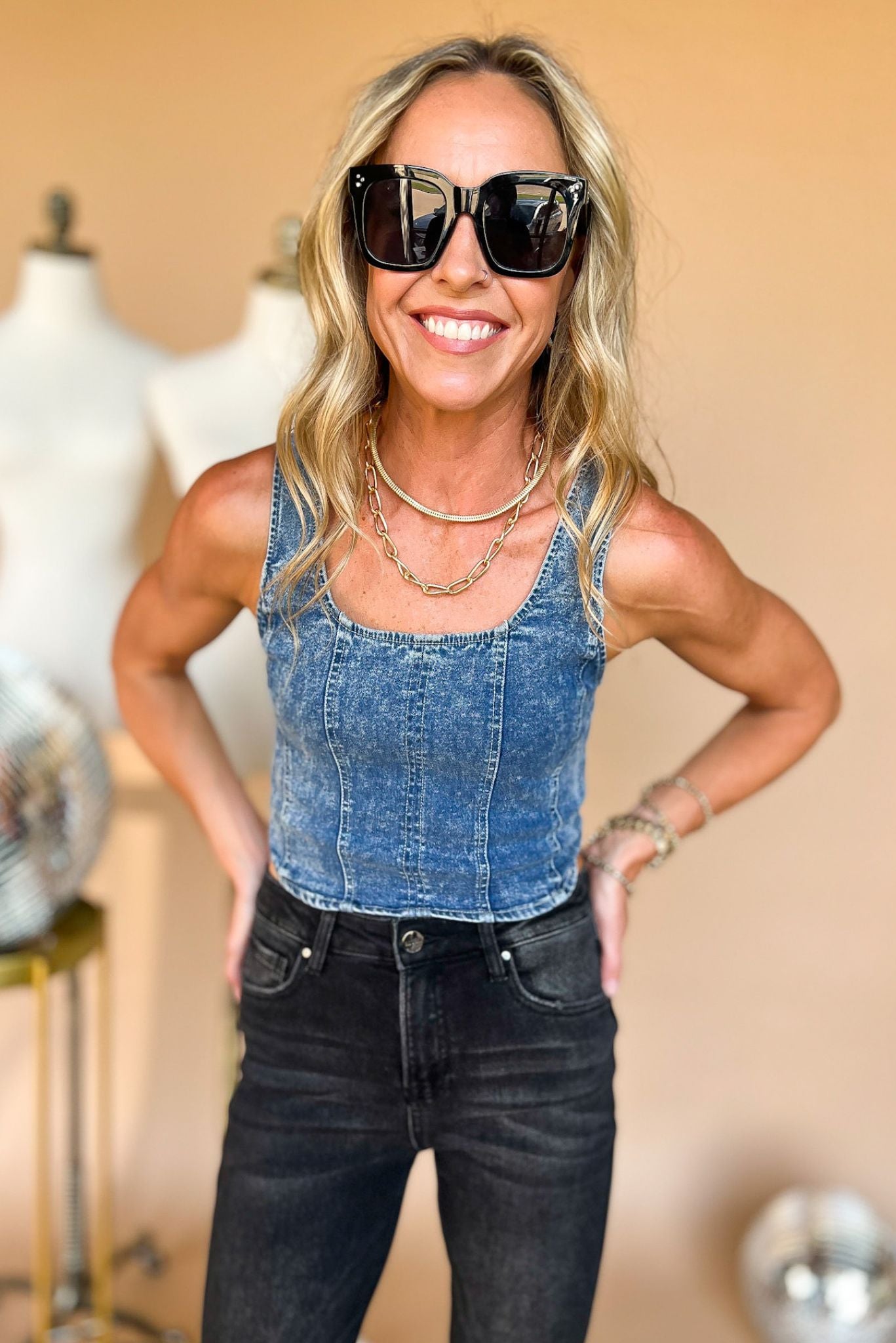 Load image into Gallery viewer, Denim Square Neck Curved Hem Tank Top, denim tank, zipper detail, dark wash, must have, shop style your senses by mallory fitzsimmons
