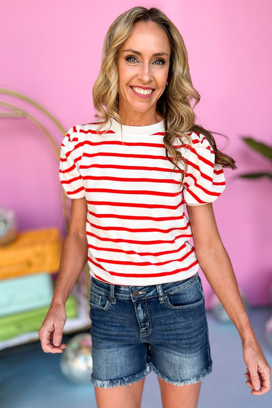 Red Striped Puff Short Sleeve Top, puff sleeve, stripe detail, must have, easy fit, knit, shop style your senses by mallory fitzsimmons