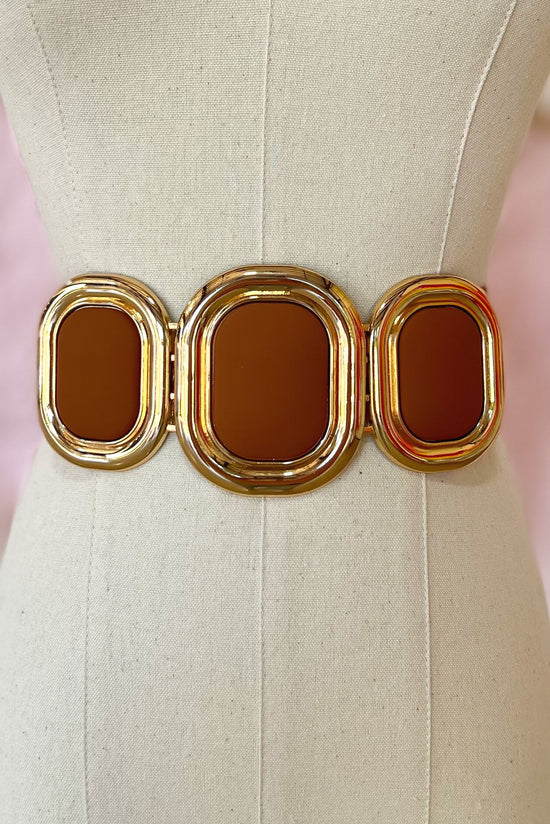 Load image into Gallery viewer, brown Triple Gold Buckle Belt, fall fashion, must have, elevated look, trendy, chic, mom style, shop style your senses by mallory fitzsimmons
