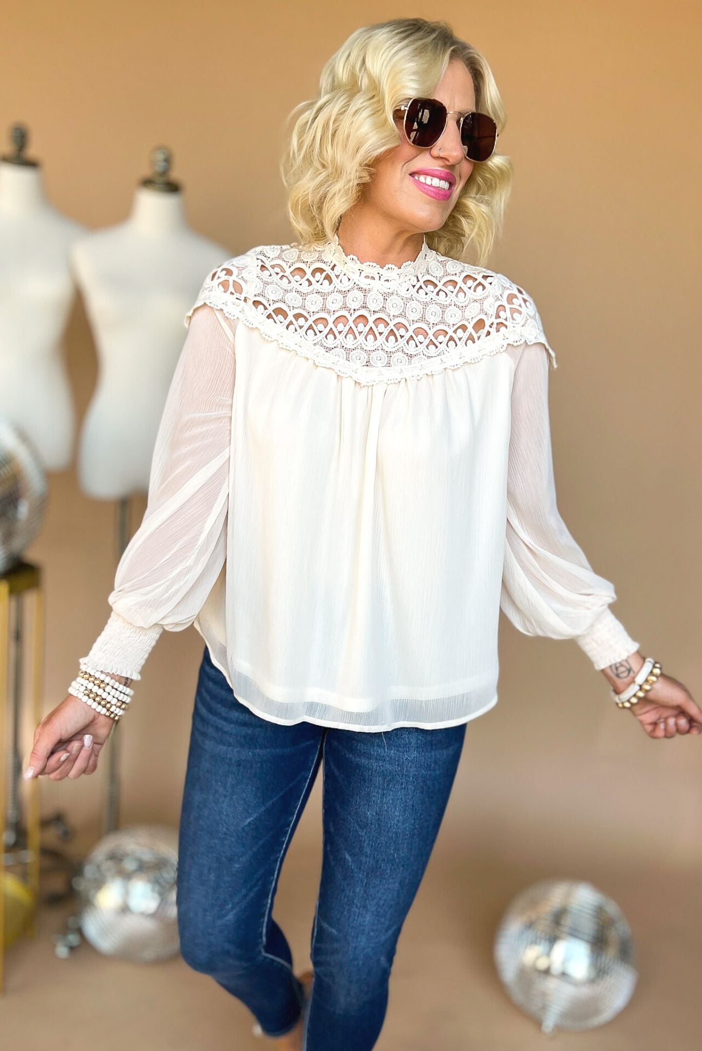Cream Lace Mock Neck Smocked Cuff Long Sleeve Top, everyday wear, layered look, staple piece, fall must have, shop style your senses by mallory fitzsimmons