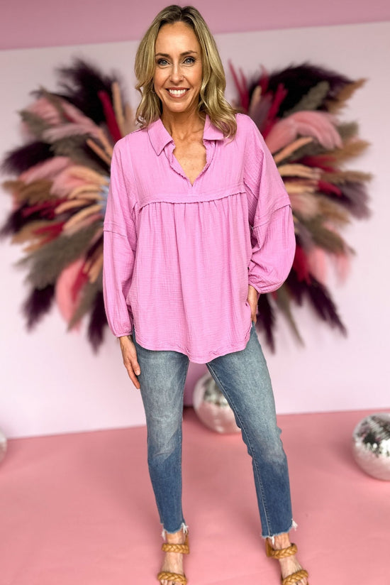 mauve Gauze Balloon Long Sleeve Babydoll Top, easy fit, flowy fit, summer look, must have, gauze material, collar detail, shop style your senses by mallory fitzsimmons
