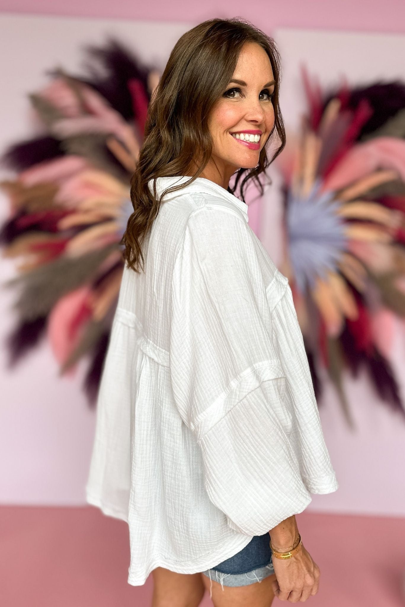 Load image into Gallery viewer, White Gauze Balloon Long Sleeve Babydoll Top, easy fit, flowy fit, summer look, must have, gauze material, collar detail, shop style your senses by mallory fitzsimmons
