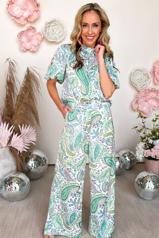 Load image into Gallery viewer, Green Paisley Floral Satin High Rise Wide Leg Pants, matching set, wide leg, paisley print, must have, shop style your senses by mallory fitzsimmons
