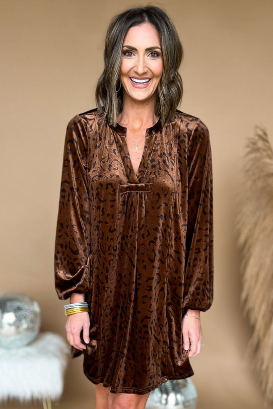 Brown Animal Print Velvet V Neck Long Sleeve Dress, fall fashion, velvet, must have, mom style, chic, elevated look, shop style your senses by mallory fitzsimmons