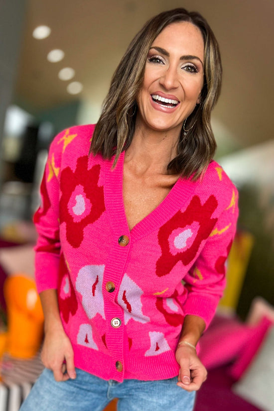 Load image into Gallery viewer, Hot Pink Floral V Neck Button Up Cardigan, fall fashion, must have, button up cardigan, sweater weather, mom style, shop style your senses by mallory fitzsimmons

