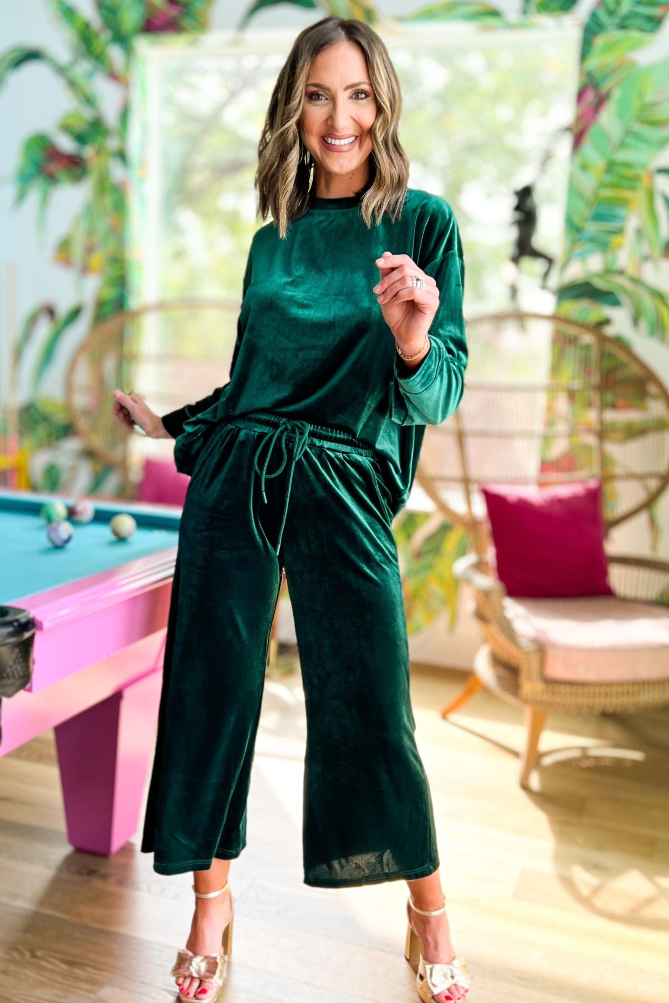 Load image into Gallery viewer, Green Velvet Long Sleeve Wide Leg Crop Pants Set, glam, holiday look, chic, must have, mom style, elevated look, shop style your senses by mallory fitzsimmons
