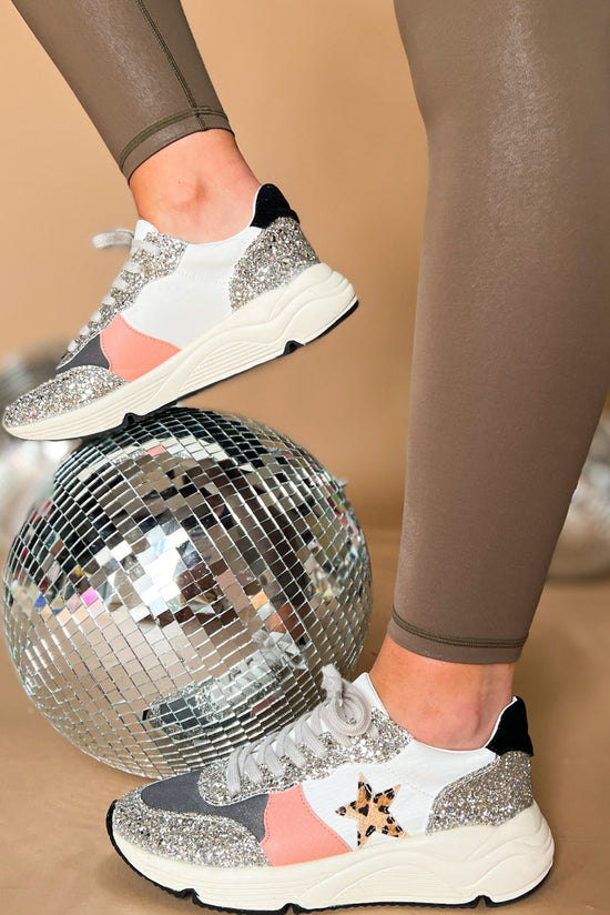 Load image into Gallery viewer, Grey Glitter Animal Print Star Sneakers, athleisure, everyday wear, star detail, glitter detail, mom style, shop style your senses by mallory fitzsimmons
