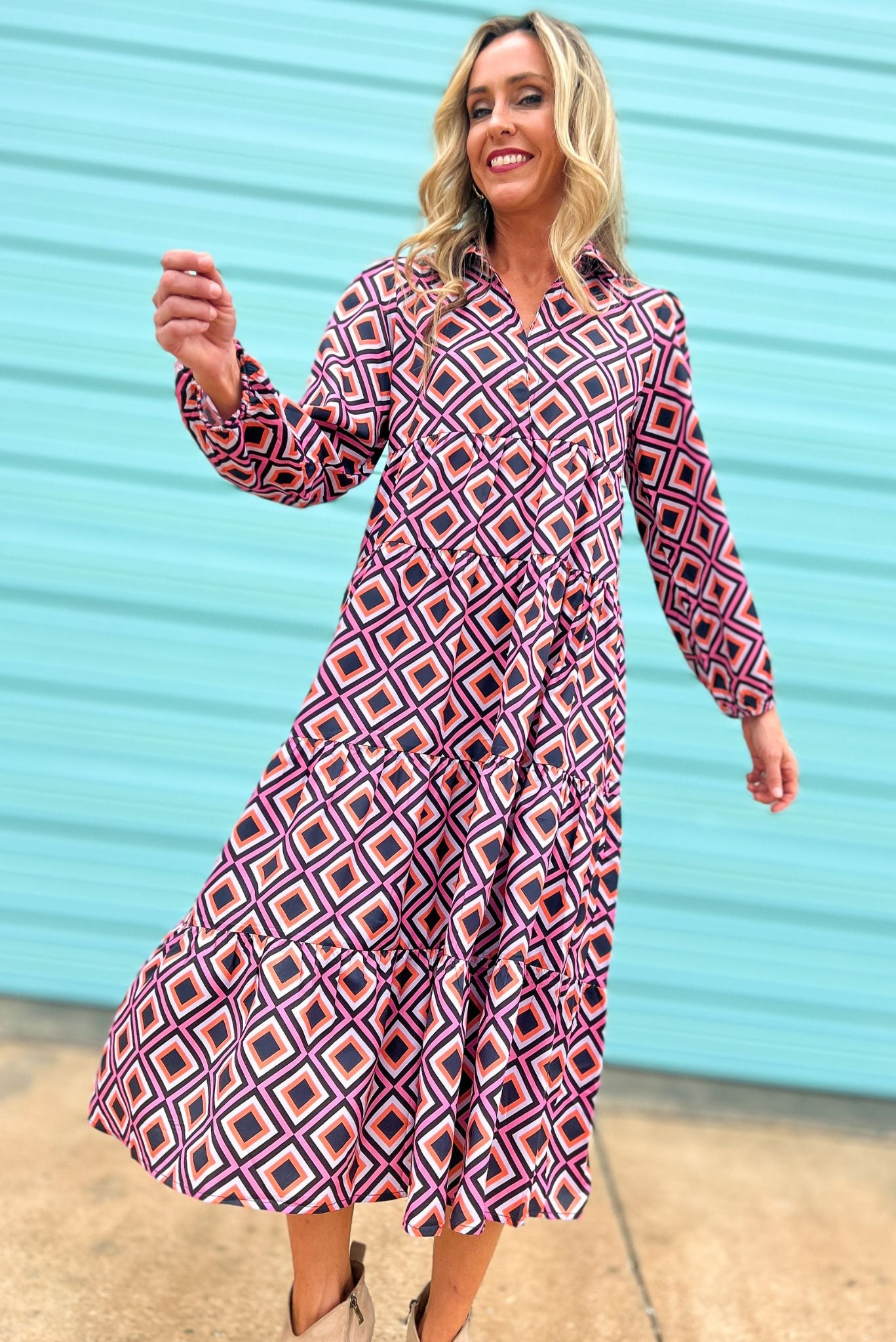 Load image into Gallery viewer, Pink Geometric Long Sleeve Collared Maxi Dress SSYS The Label, fall fashion, custom piece, must have, mom style, fall dress, date night, shop style your senses by mallory fitzsimmons
