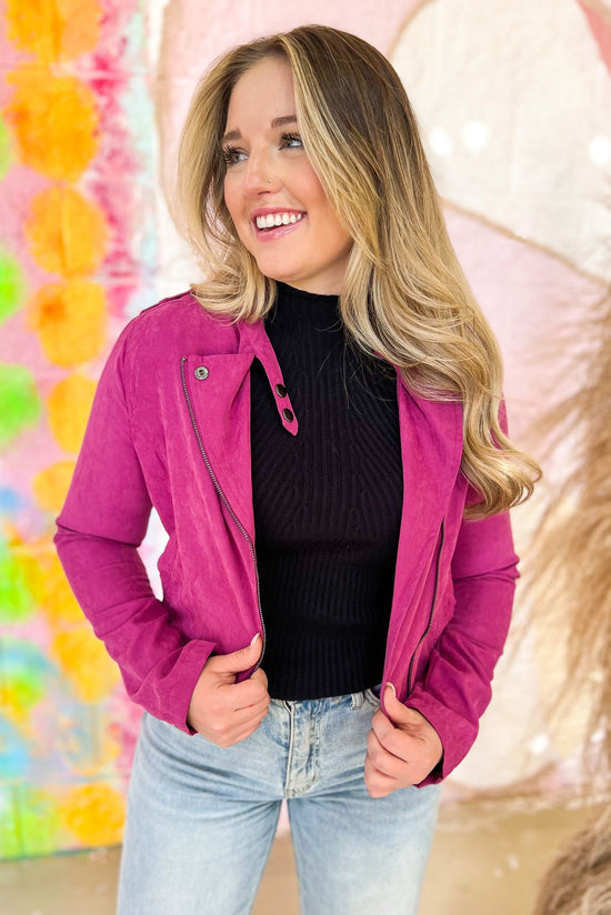 Load image into Gallery viewer, Fuchsia Suede Belted Moto Jacket, fall fashion, fall must have, layered look, elevated look, chic, mom style, shop style your senses by mallory fitzsimmons
