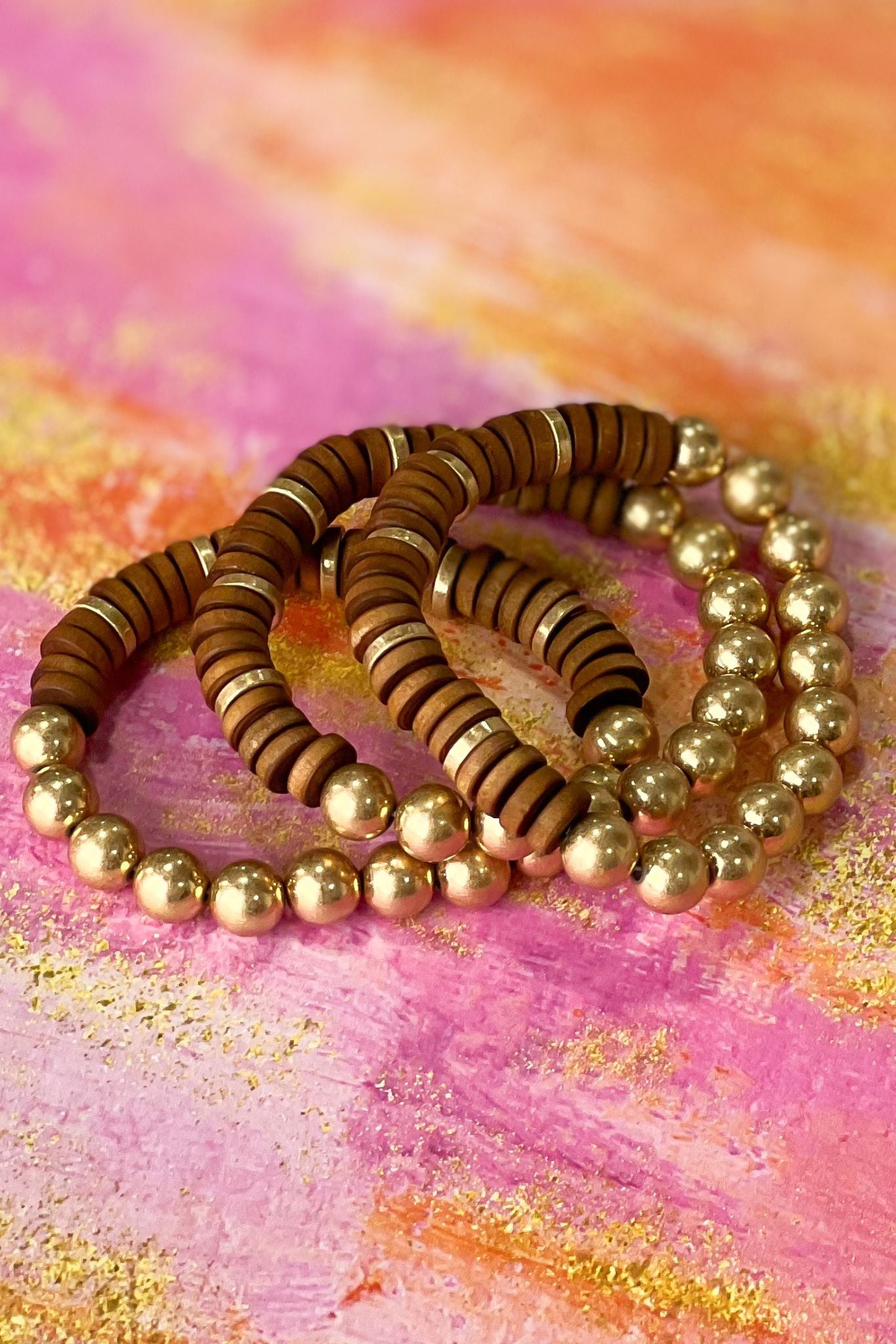 Brown Wooden Gold Circle Beaded Bracelet Stack, elevated stack bracelets, fall accessory, everyday wear, warm colors, shop style your senses by mallory fitzsimmons