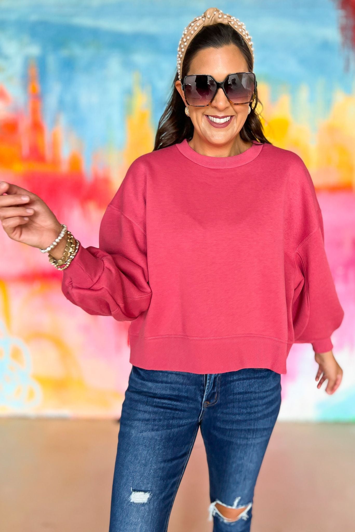 Pink Balloon Sleeve Sweatshirt, pink soft material, everyday wear, everyday sweatshirt, mom style, lounge to lunch, shop style your senses by mallory fitzsimmons