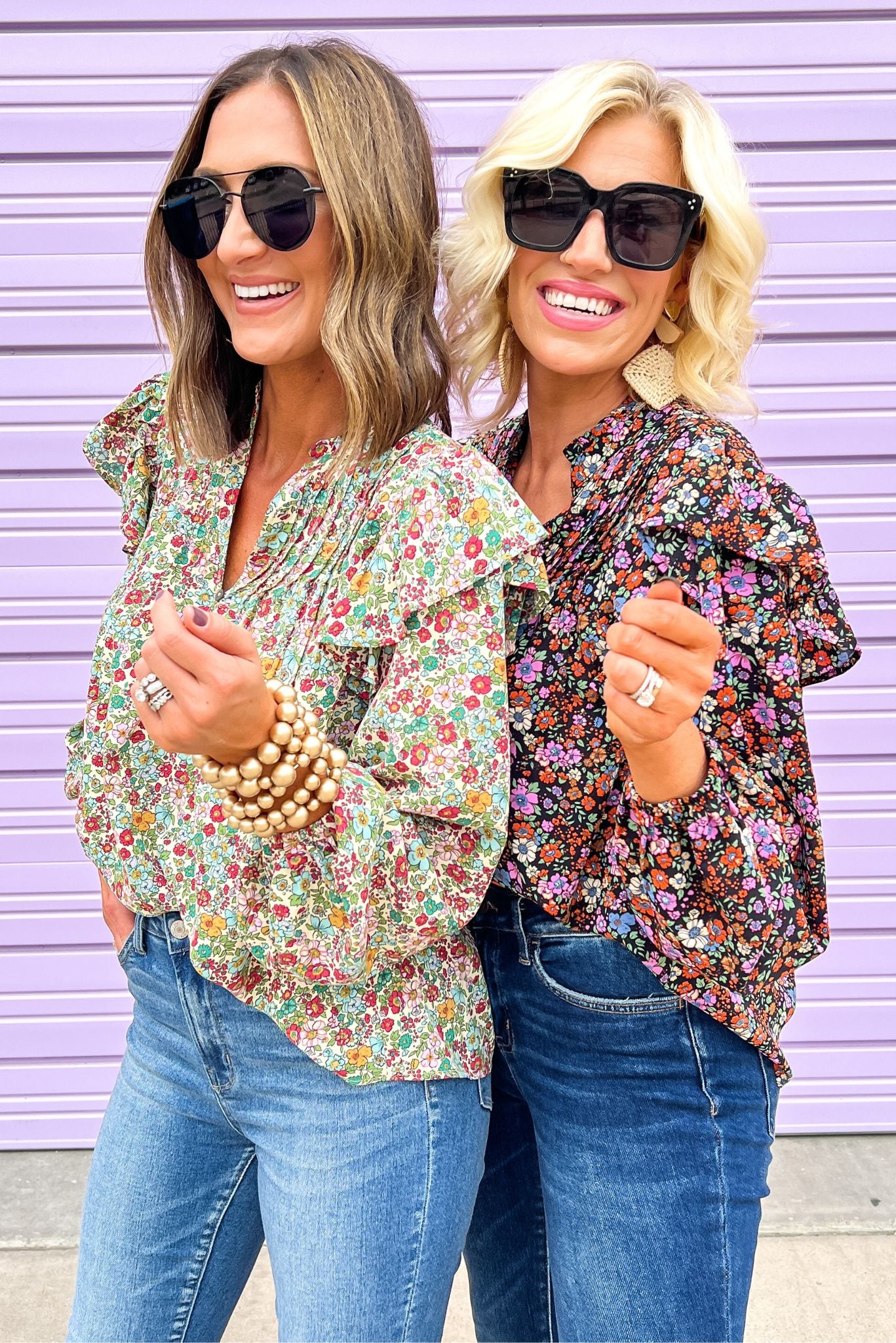 Load image into Gallery viewer, Black Floral V Neck Ruffle Long Sleeve Button Up Top, must have fall piece, work wear top, easy to wear, feminine fit, mom style, shop style your senses by mallory fitzsimmons
