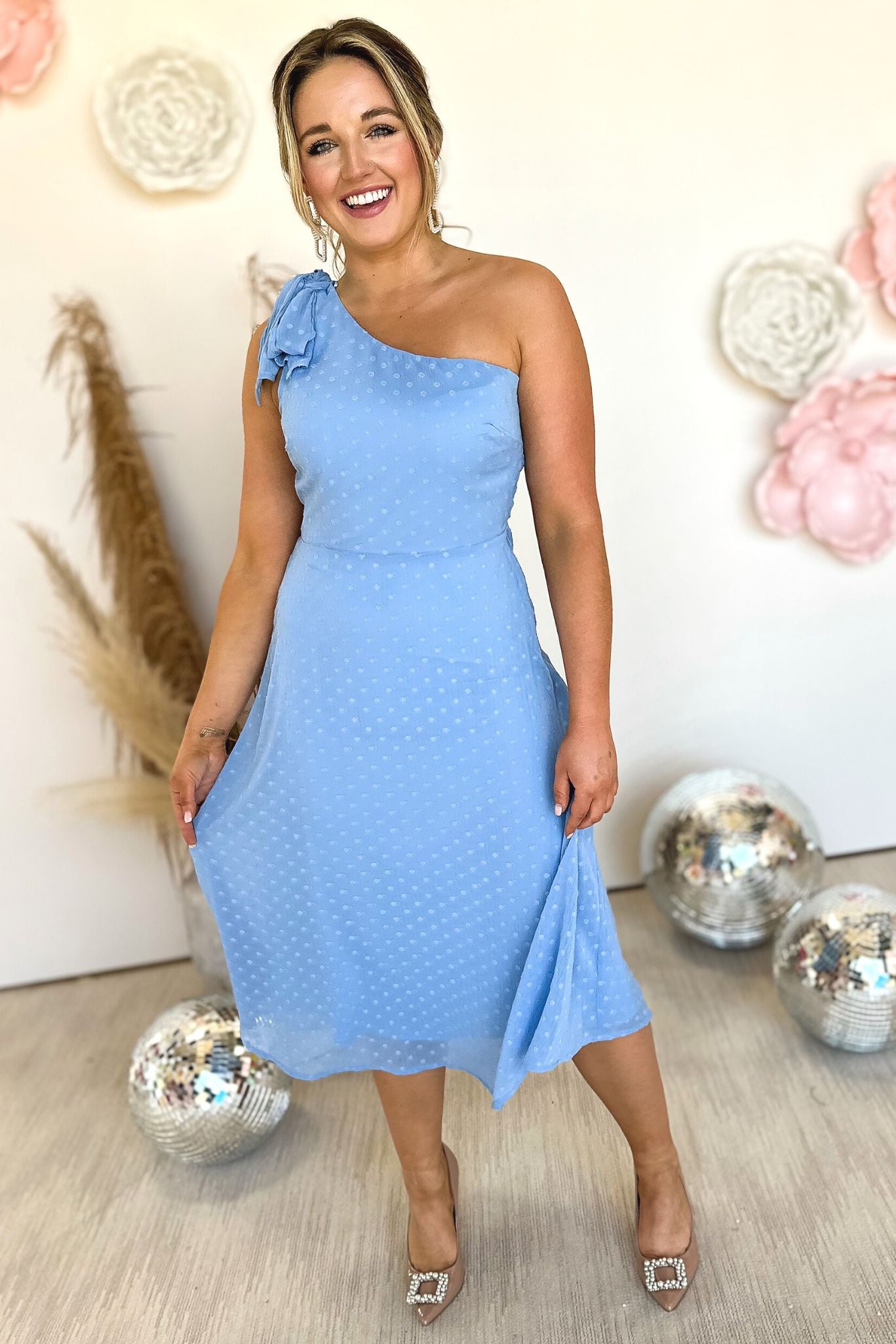 Load image into Gallery viewer, Light Blue Chiffon Swiss Dot One Shoulder Midi Dress, one shoulder, garden party, bow tie detail, swiss dot detail, must have, shop style your senses by mallory fitzsimmons
