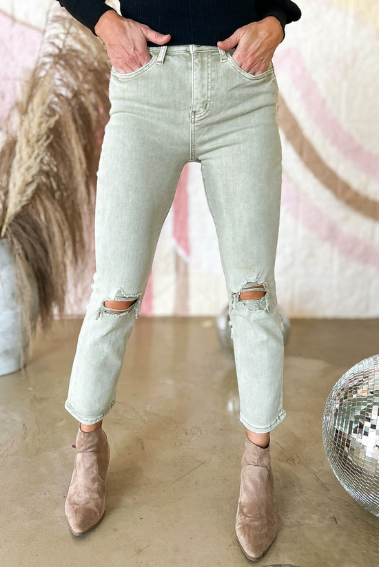 Load image into Gallery viewer, Light Olive High Rise Slim Straight Distressed Ankle Jeans, fall fashion, colored denim, distressed detail, must have, mom style, shop style your senses by mallory fitzsimmons
