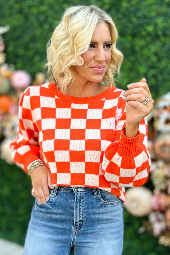 Load image into Gallery viewer, Orange Ivory Checkered Bubble Sleeve Knit Sweater, fall fashion, fall must have, sweater weather, game day, mom style, shop style your senses by mallory fitzsimmons
