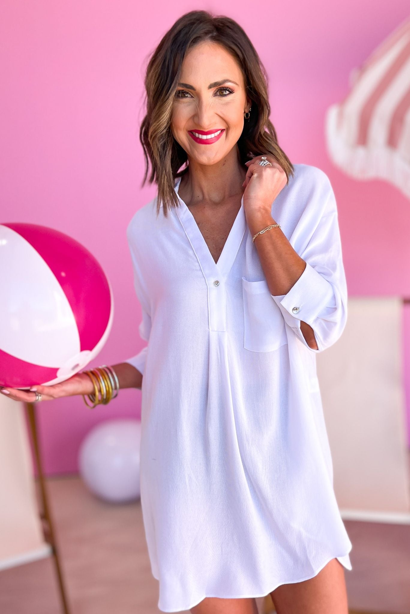 Off White Split Neck Button Front Long Sleeve Tunic Top, spring break, cover up, button detail, collar detail, must have, shop style your senses by mallory fitzsimmons