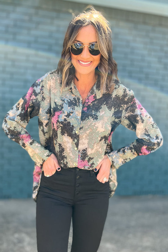 Load image into Gallery viewer, Olive Print Collared Button Down Top, fall fashion, must have, button down, printed detail, elevated look, shop style your senses by mallory fitzsimmons
