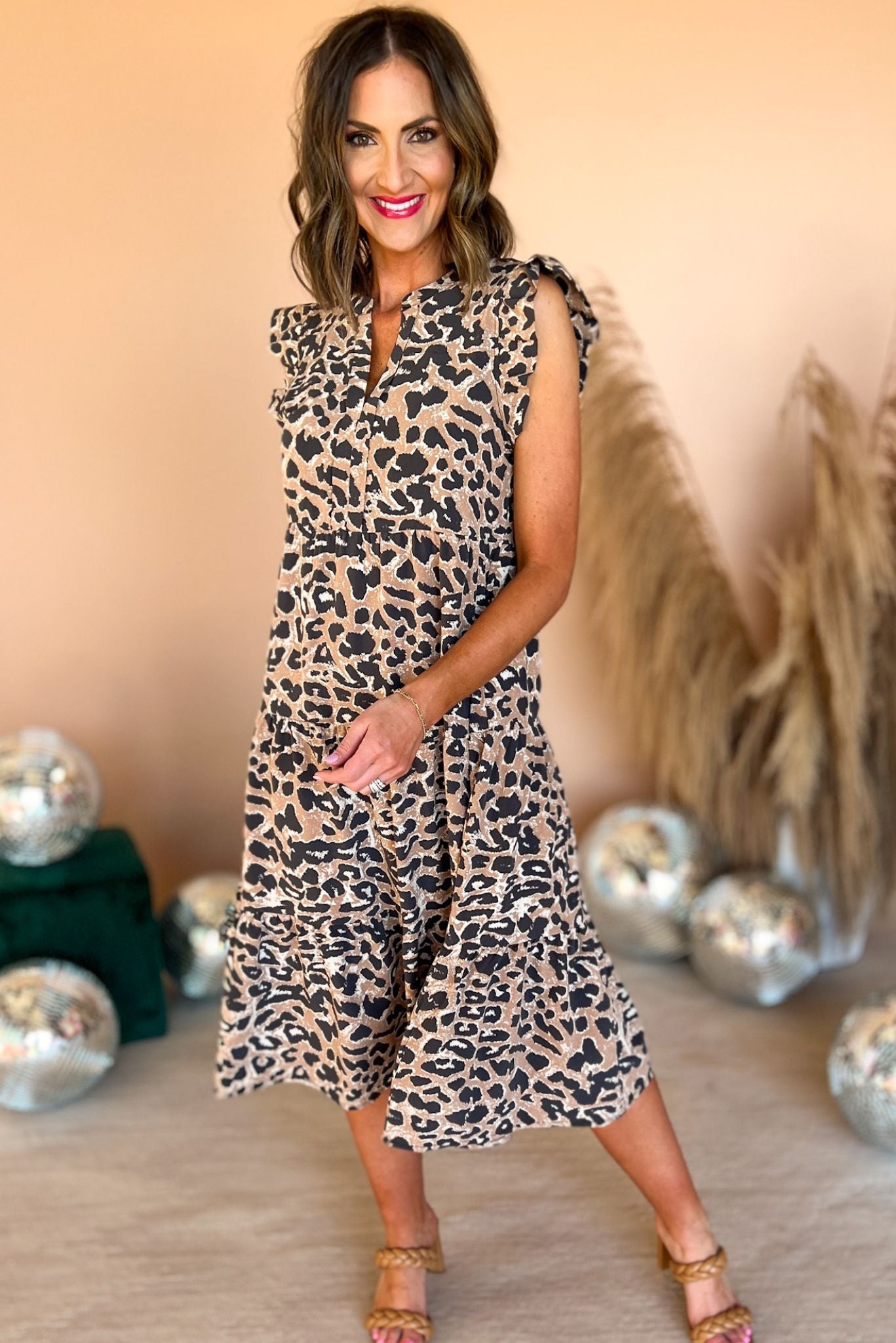 Load image into Gallery viewer, Taupe Animal Print Ruffle Cap Sleeve Tiered Midi Dress, ruffle sleeve, midi dress, spring fashion, must have, mom style, shop style your senses by mallory fitzsimmons
