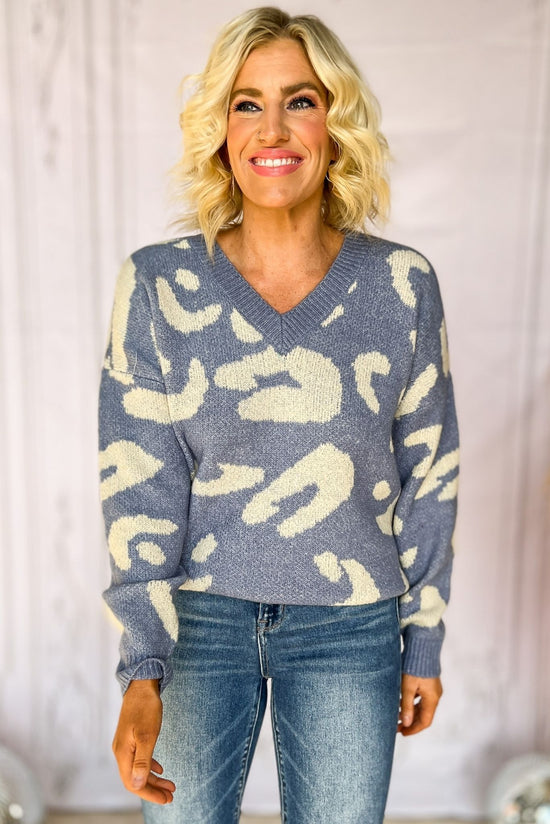Blue Animal Print V Neck Ribbed Hem Sweater, v neck detail, must have, animal print, winter wear, mom style, shop style your senses by mallory fitzsimmons