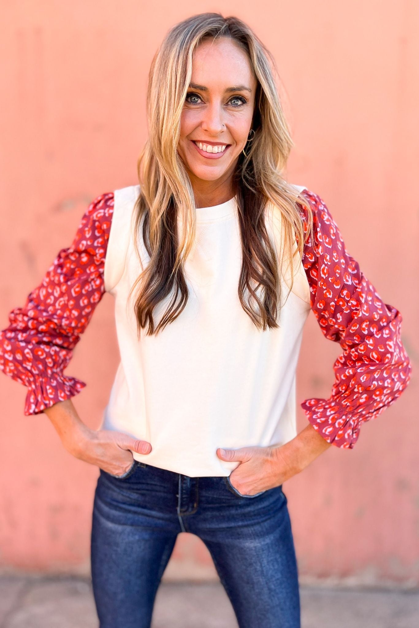 Load image into Gallery viewer, Cream Sweatshirt with Contrasting Red Animal Print Sleeves by Karlie, fall fashion, fall must have, sleeve detail, mom style, chic, shop style your senses by mallory fitzsimmons
