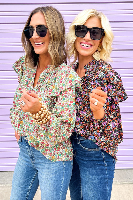 Load image into Gallery viewer, Natural Floral V Neck Ruffle Long Sleeve Button Up Top
