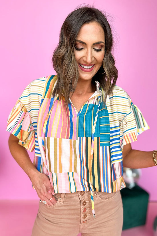 Load image into Gallery viewer, Green Striped Printed Ruffle Short Sleeve Top
