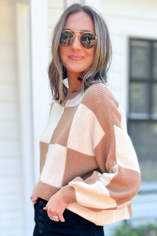 Load image into Gallery viewer, Brown Checkered Ribbed Knit Sweater, fall fashion, must have, home sweet home, mom style, everyday wear, shop style your senses by mallory fitzsimmons

