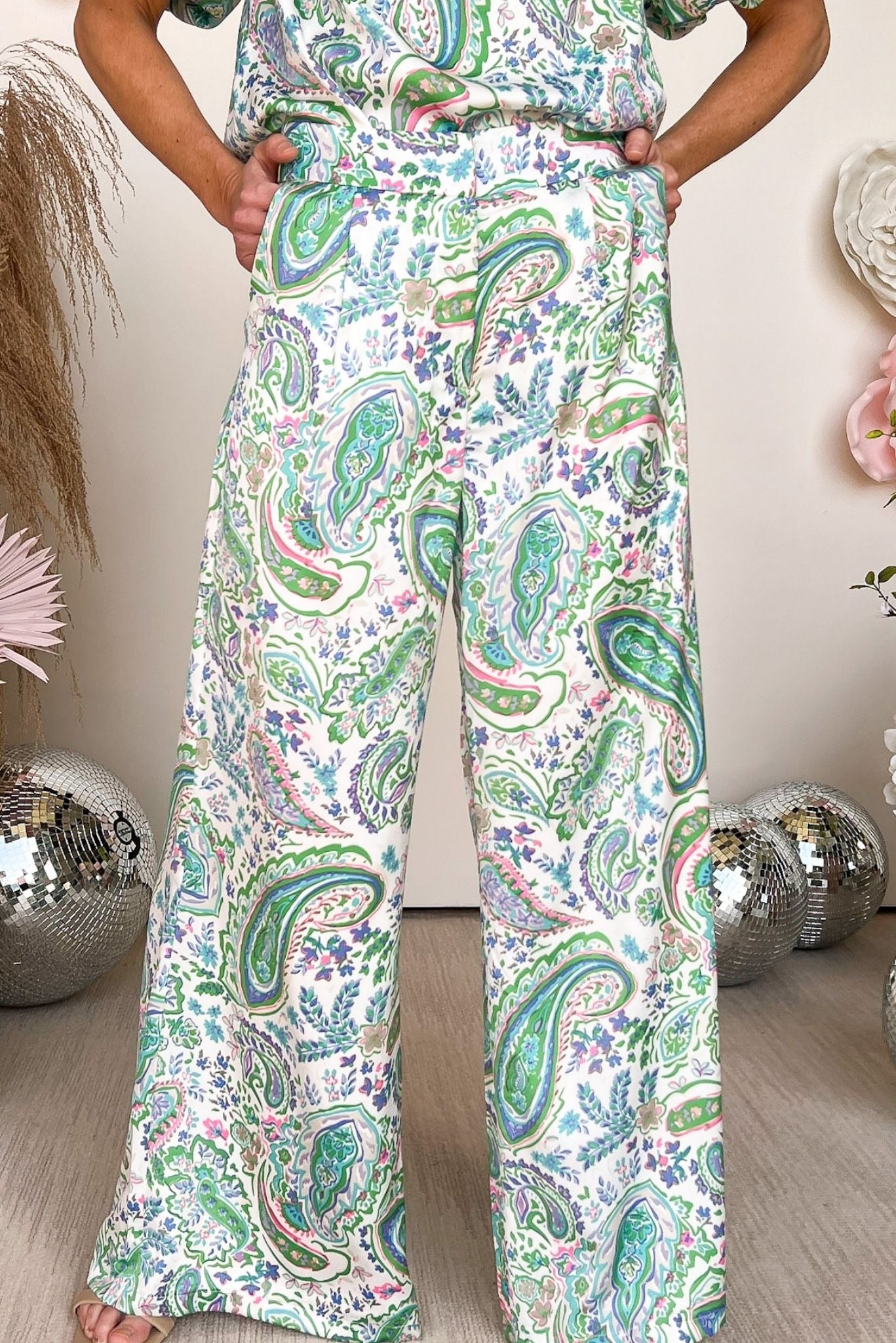Green Paisley Floral Satin High Rise Wide Leg Pants, matching set, wide leg, paisley print, must have, shop style your senses by mallory fitzsimmons