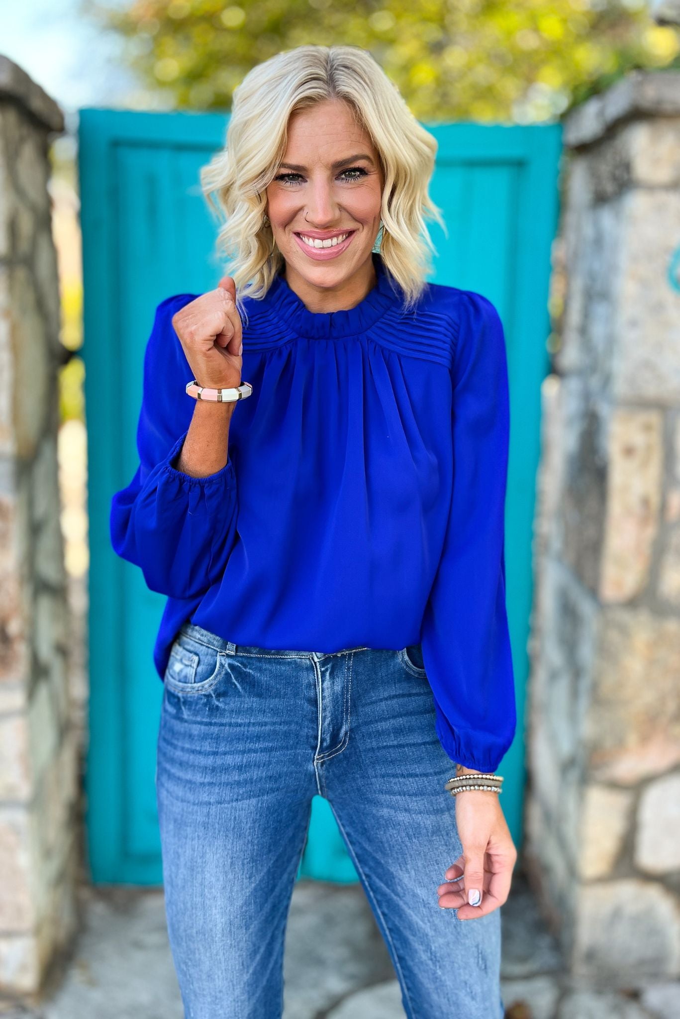 Load image into Gallery viewer, Royal Blue Mock Neck Pleat Detail Long Sleeve Top, holiday look, fall must have, mom style, work wear, shop style your senses by mallory fitzsimmons

