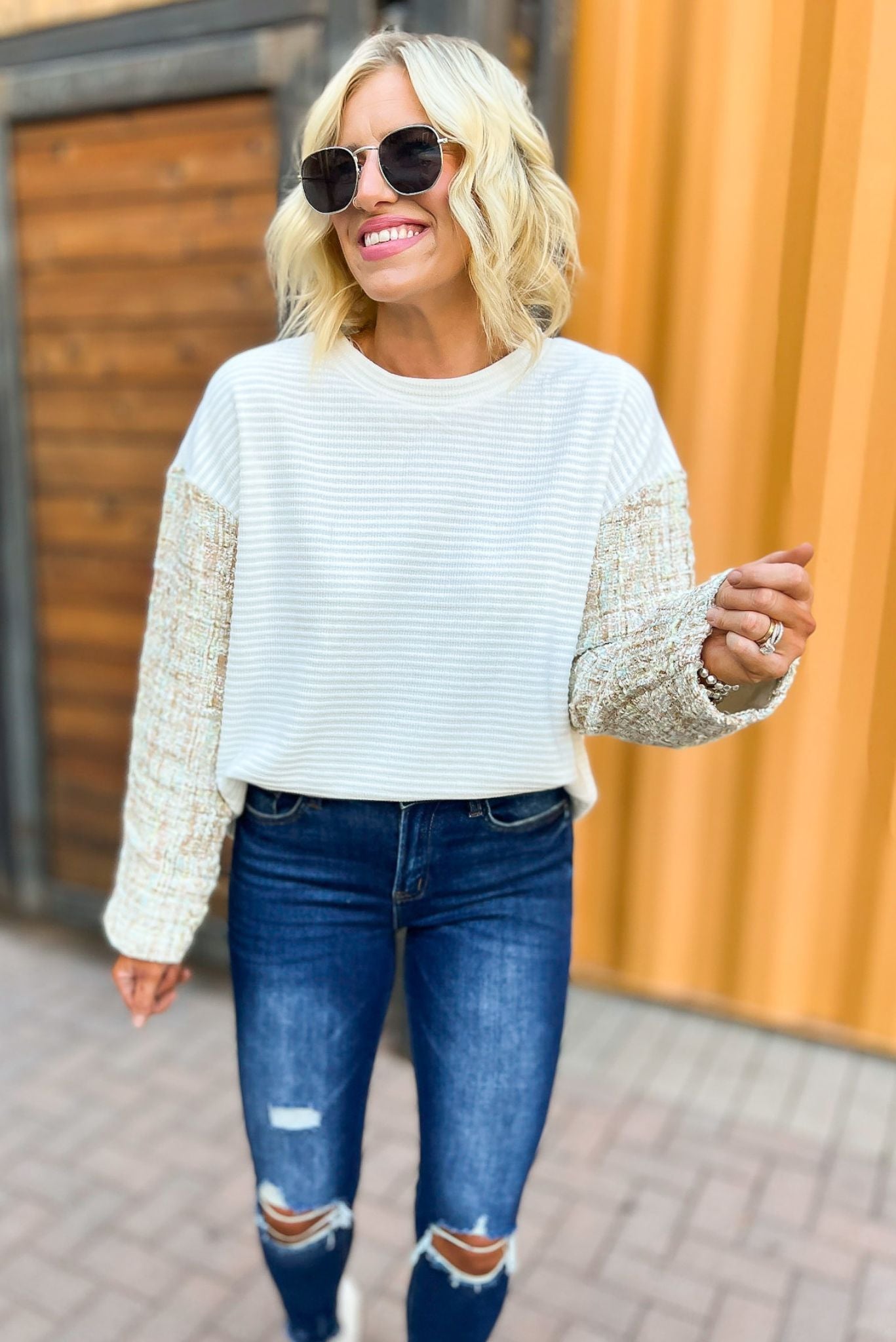 Load image into Gallery viewer, Off white Knit Tweed Sleeve Sweater, tweed detail, must have, girly look, mom style, shop style your senses by mallory fitzsimmons
