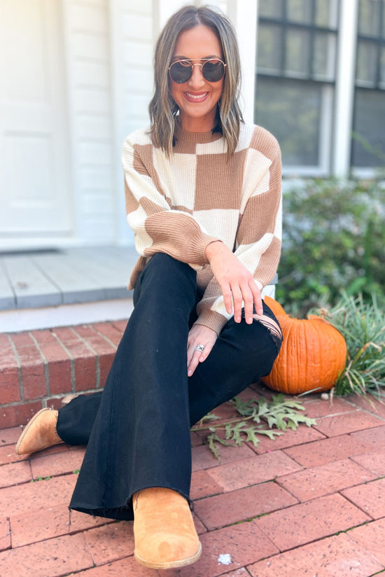 Load image into Gallery viewer, Brown Checkered Ribbed Knit Sweater, fall fashion, must have, home sweet home, mom style, everyday wear, shop style your senses by mallory fitzsimmons
