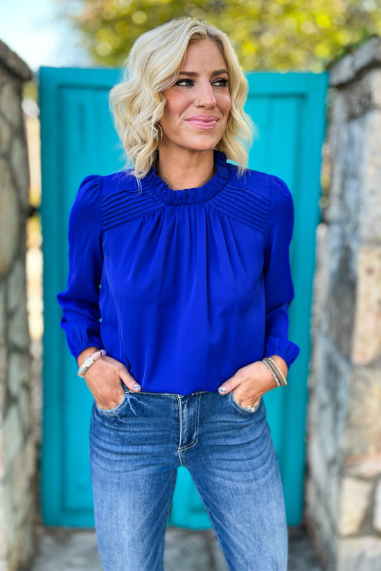 Load image into Gallery viewer, Royal Blue Mock Neck Pleat Detail Long Sleeve Top, holiday look, fall must have, mom style, work wear, shop style your senses by mallory fitzsimmons
