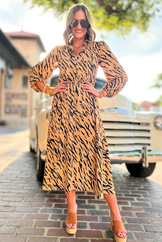 Camel Animal Stripe Button Down Collared Midi Dress, collared midi dress, fall transition piece, mom style, church wear, work wear, date night, shop style your senses by mallory fitzsimmons