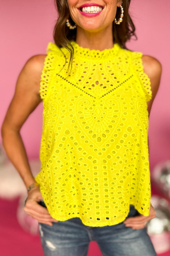 Lime Green Eyelet Lace Sleeveless Top, eyelet detail, frill neck collar, frill sleeve, trendy, spring top, shop style your senses by mallory fitzsimmons