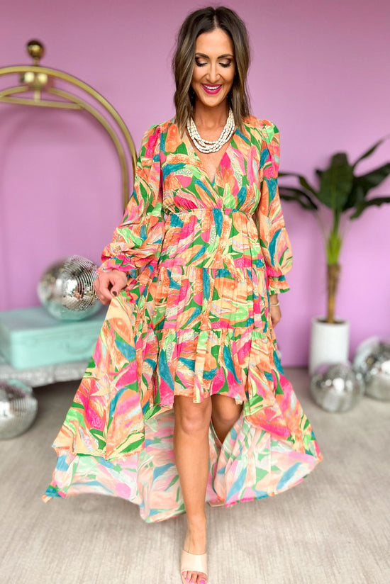 Load image into Gallery viewer, Green Pink Feather Print Long Sleeve High Low Maxi Dress *FINAL SALE*
