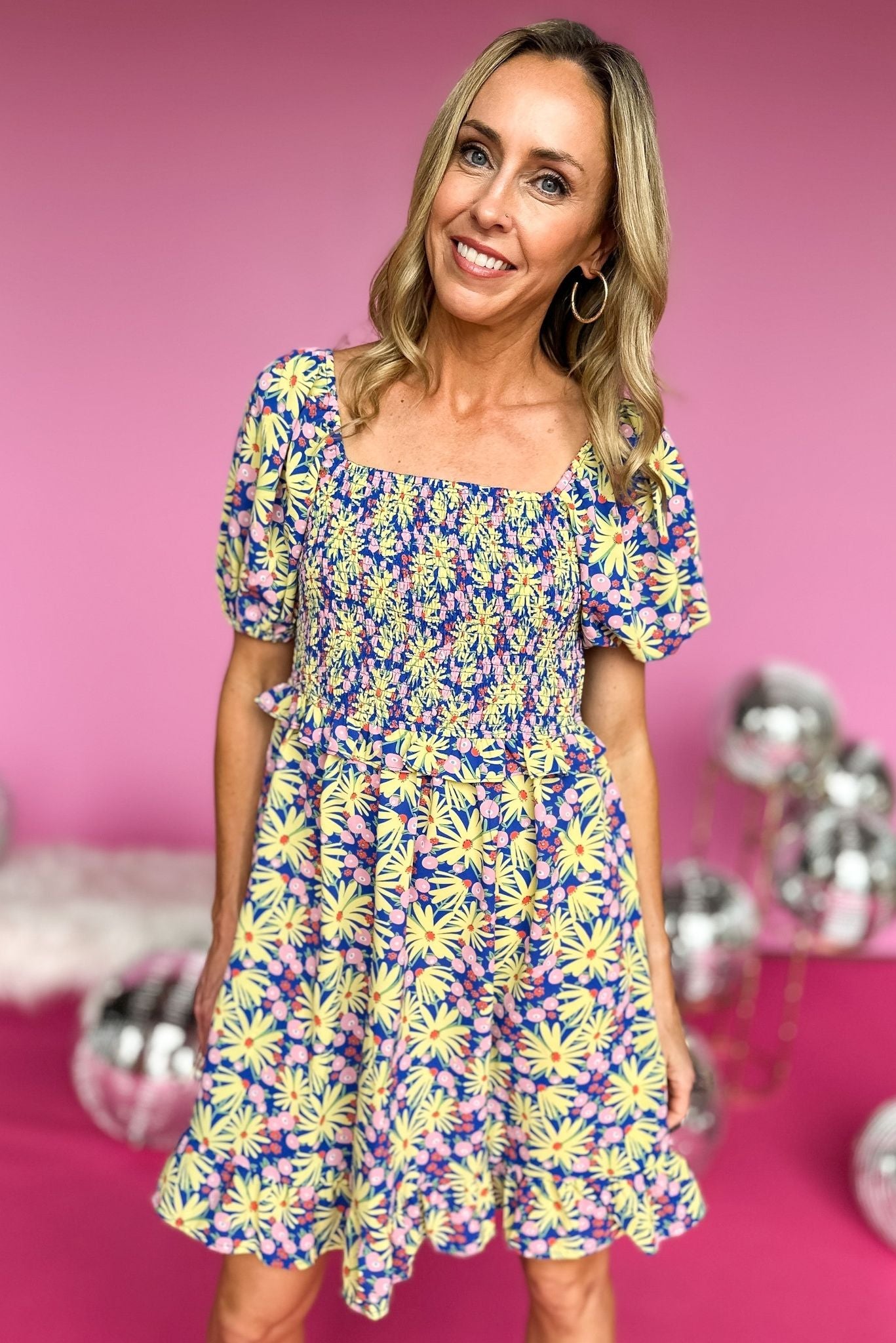 Royal Blue Floral Printed Square Neck Smocked Babydoll Dress, square neck, floral print, spring look, must have, mom style, shop style your senses by mallory fitzsimmons
