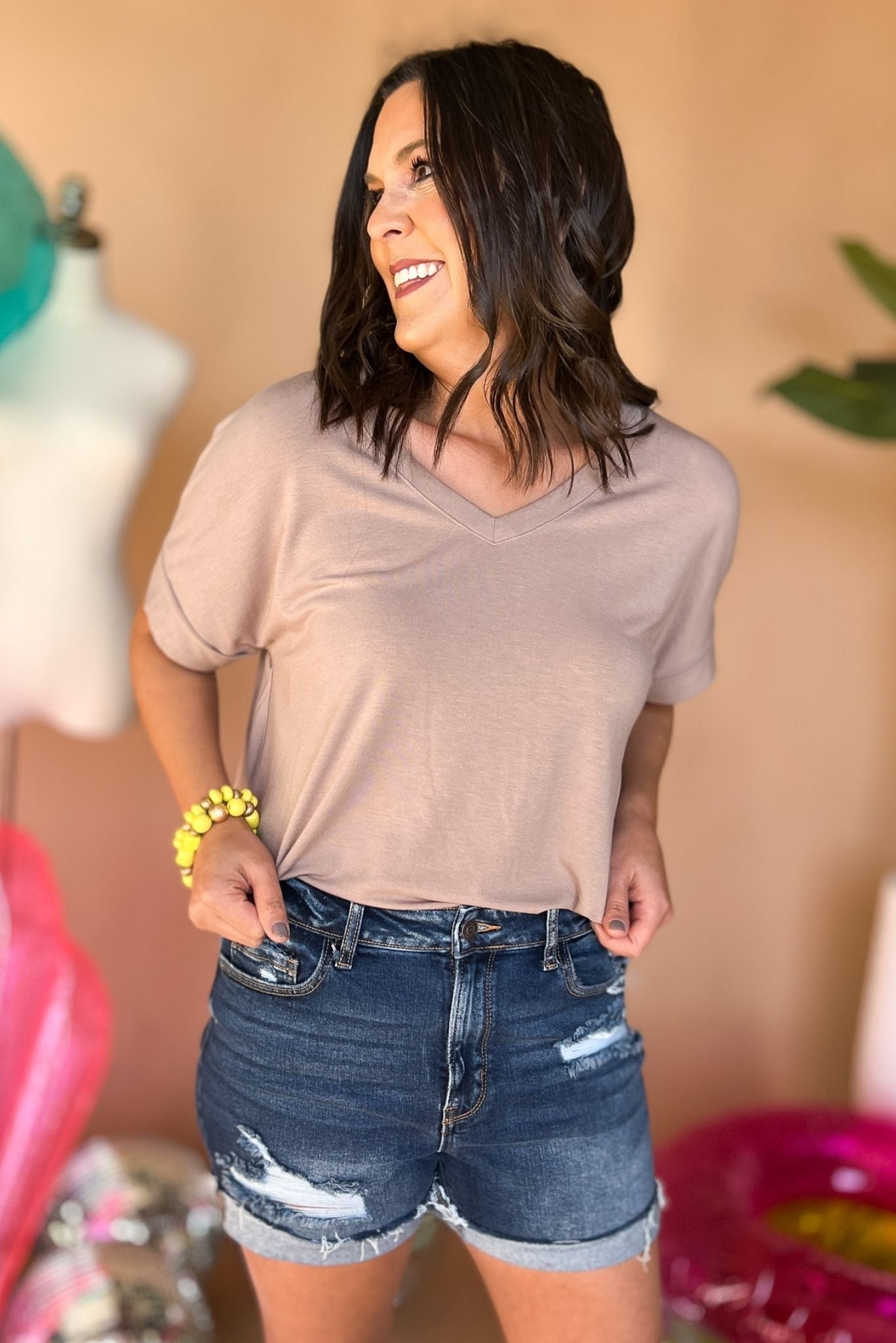 tan V Neck Rolled Short Sleeve Side Slit Top, summer in january, staple piece, basics, v neck, rolled sleeve, everyday wear, shop style your senses by mallory fitzsimmons