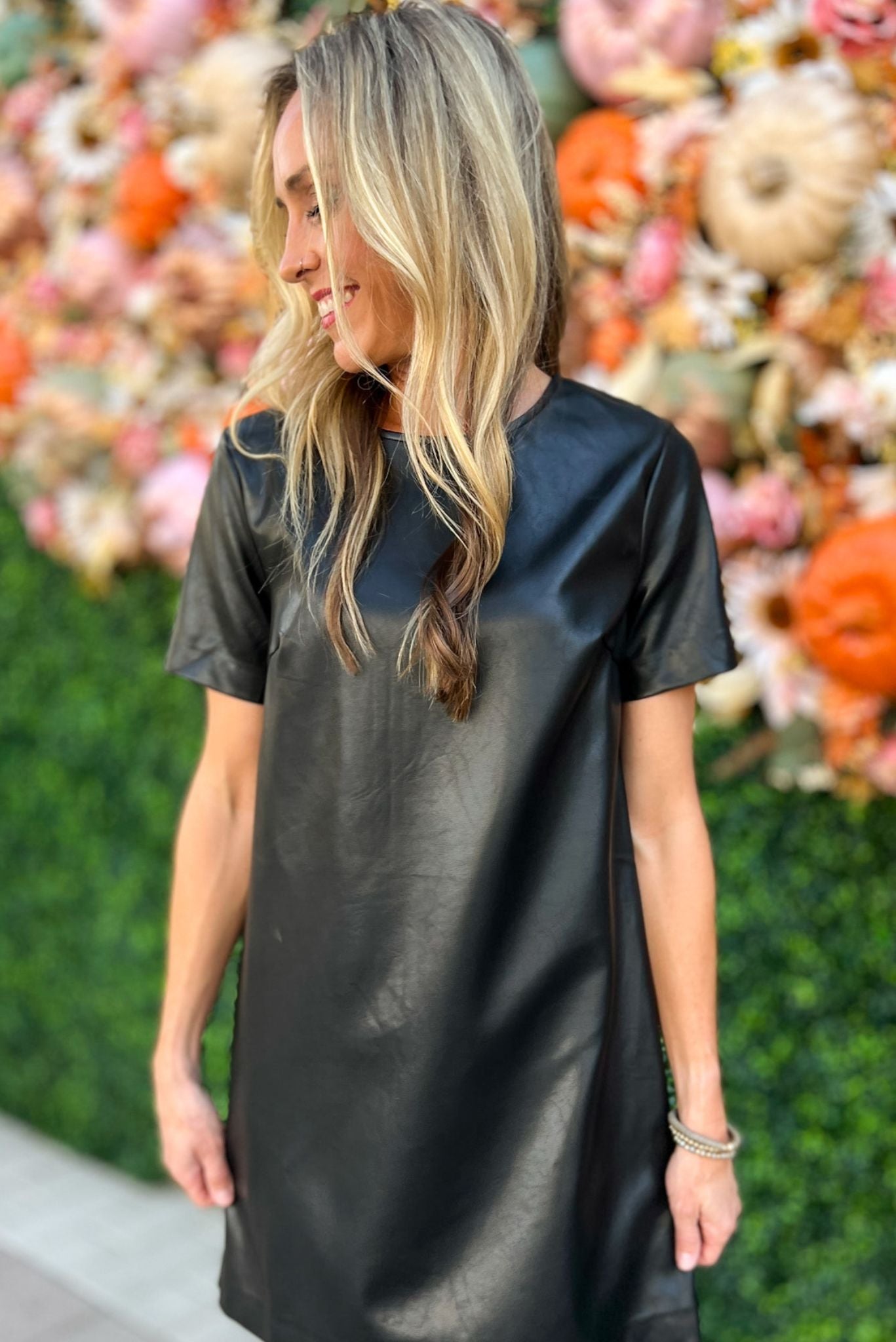 Load image into Gallery viewer, Black Faux Leather Round Neck Shift Dress, fall fashion, fall must have, mom style, thanksgiving look, leather, shop style your senses by mallory fitzsimmons
