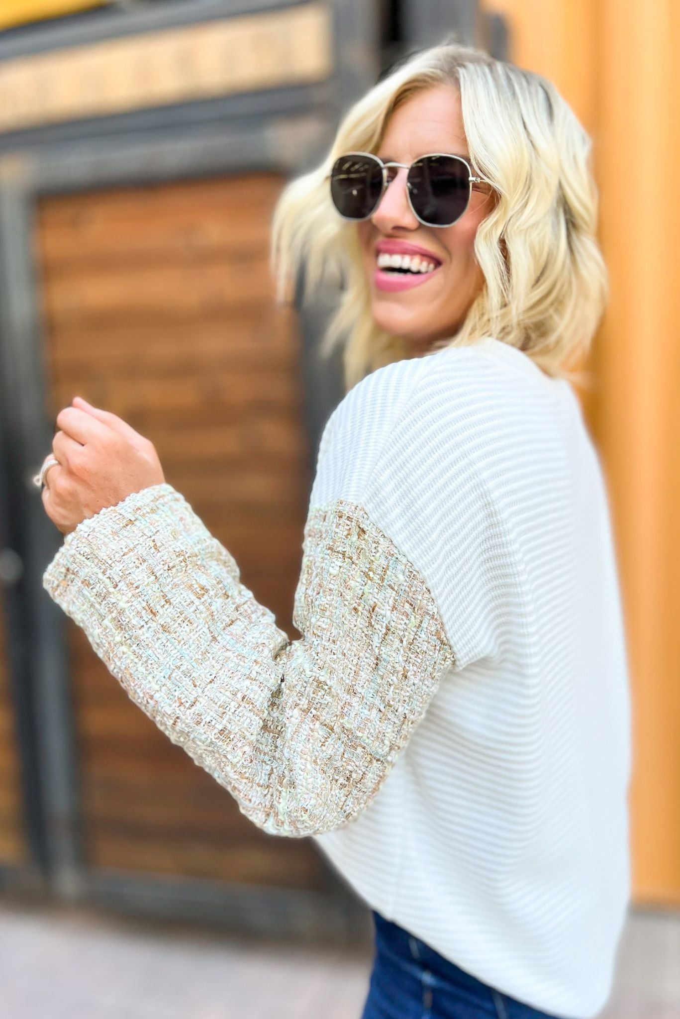 Load image into Gallery viewer, Off white Knit Tweed Sleeve Sweater, tweed detail, must have, girly look, mom style, shop style your senses by mallory fitzsimmons
