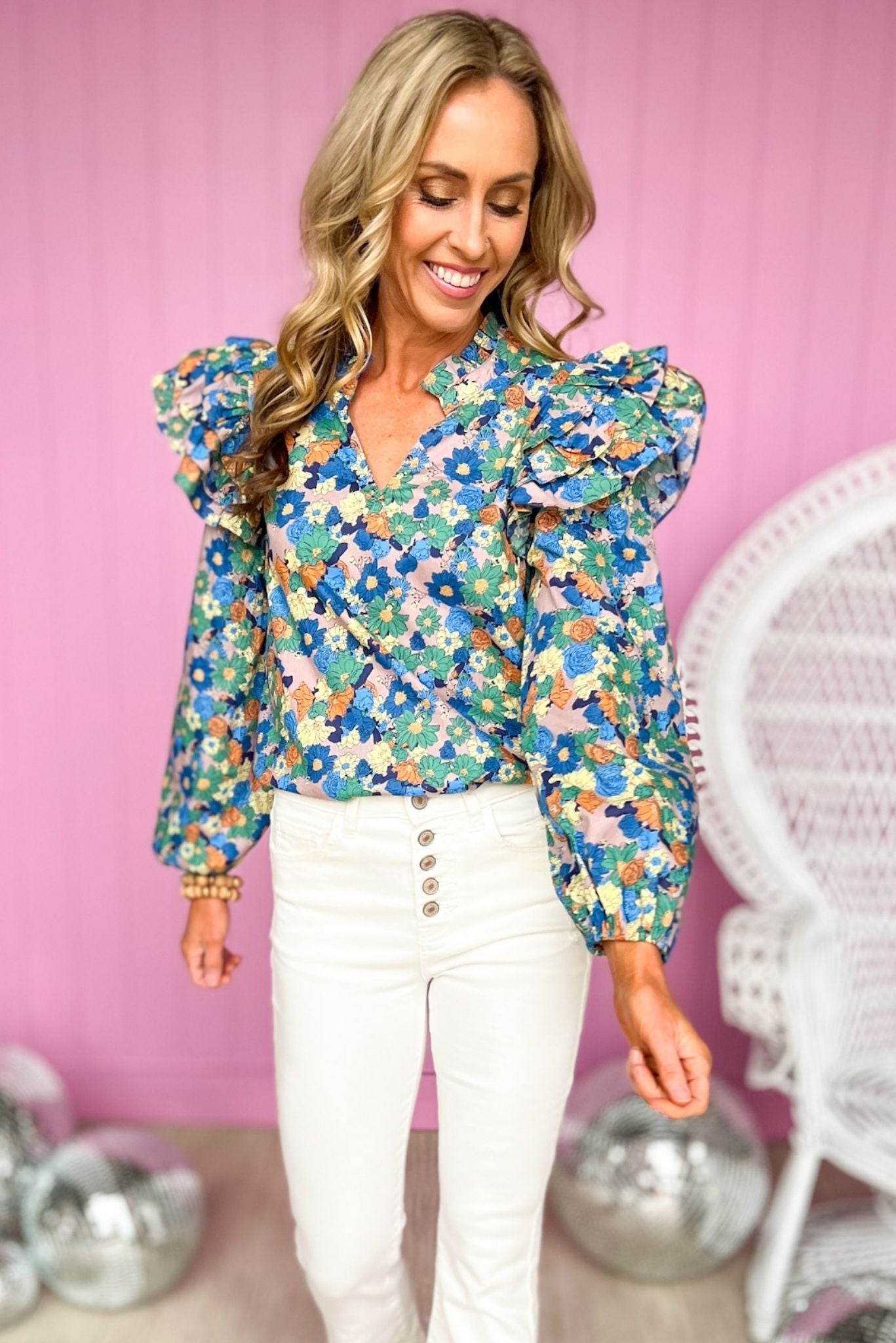 Blue Floral Ruffle Shoulder Frill Neck Long Sleeve Top. Tiny multi colored floral print. Blush background. Double ruffle shoulder. mom style. spring fashion. work to weekend. Shop Style Your Senses by Mallory Fitzsimmons.