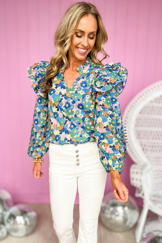 Blue Floral Ruffle Shoulder Frill Neck Long Sleeve Top. Tiny multi colored floral print. Blush background. Double ruffle shoulder. mom style. spring fashion. work to weekend. Shop Style Your Senses by Mallory Fitzsimmons.