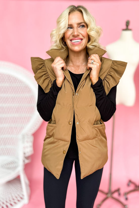 Camel Ruffle Sleeve Puffer Vest, fall fashion, must have, layered look, elevated look, chic, mom style, shop style your senses by mallory fitzsimmons